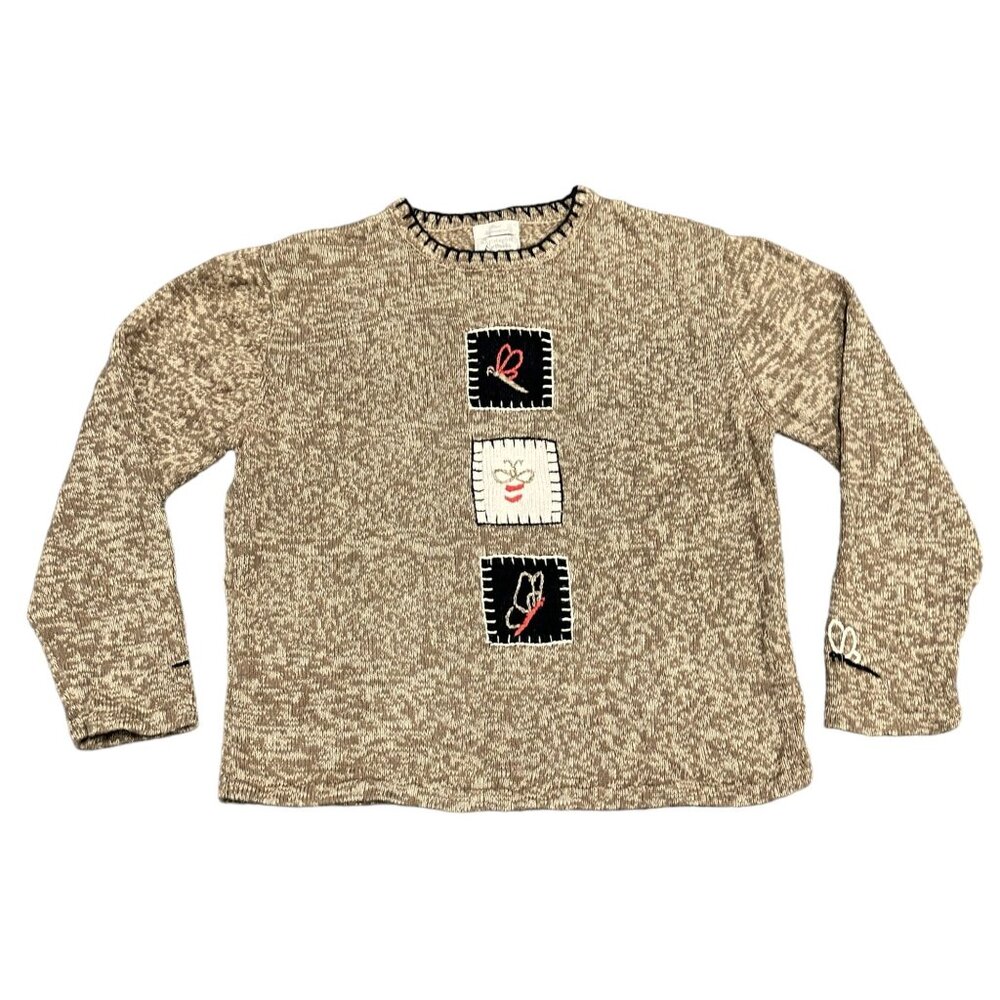 Christopher Banks Womens XL Sweater Stitched Brown Butterfly Embroidered Cozy